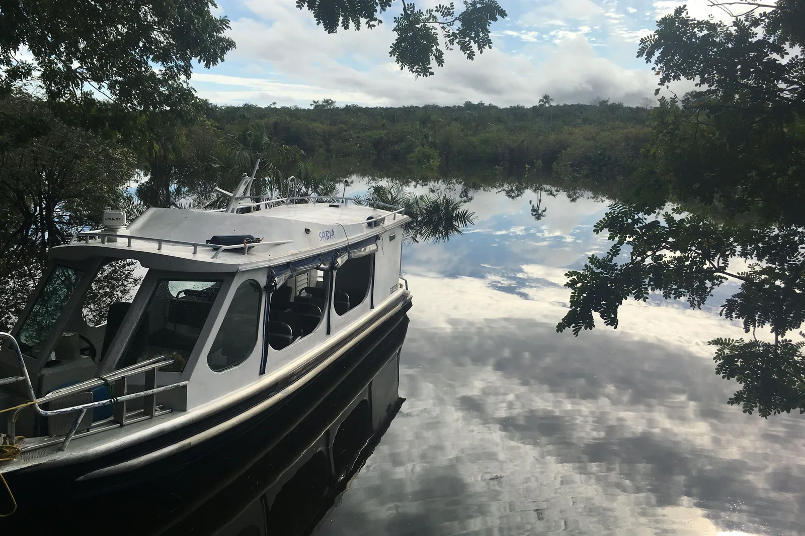 A white motorboat moored among trees standing in still, mirror-like floodwater, branches overhead and clouds reflected in the water