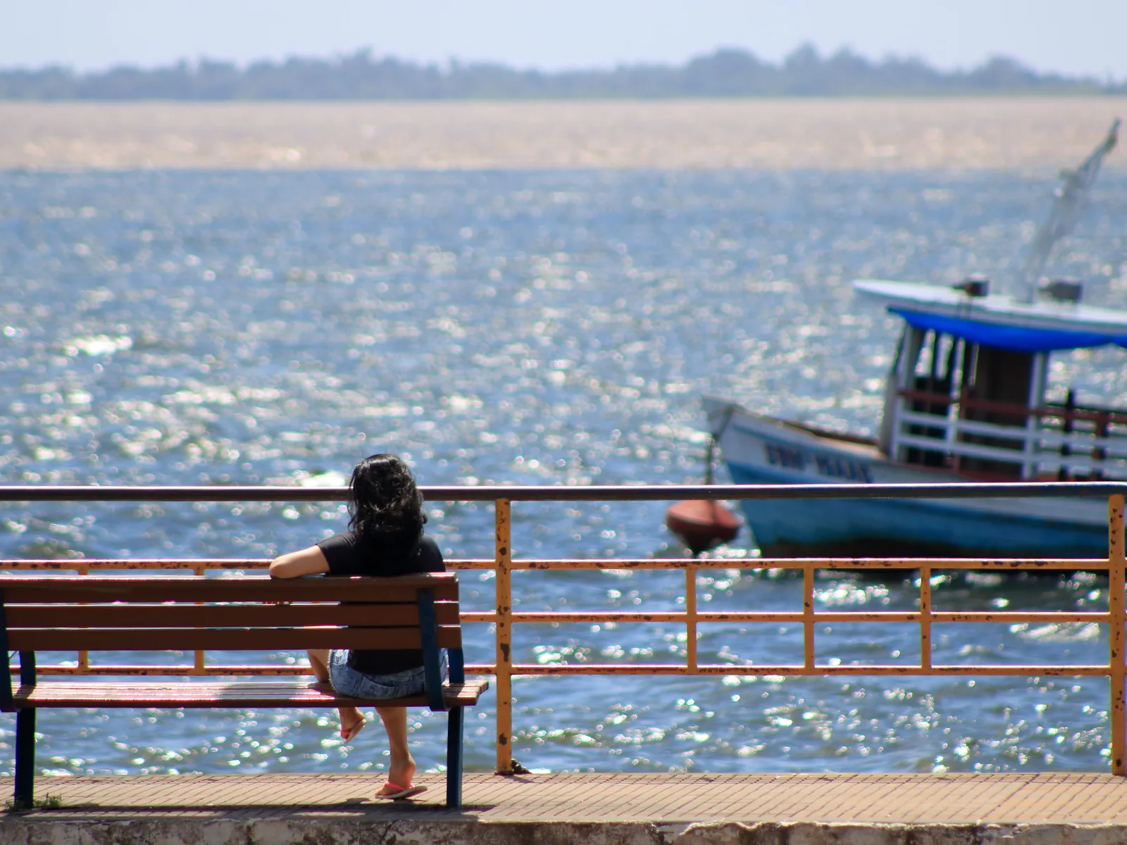 A woman sitting on a bench at a waterfront railing, looking out over sparkling blue river water toward a band of pale brown water along the horizon, a wooden riverboat moored to one side