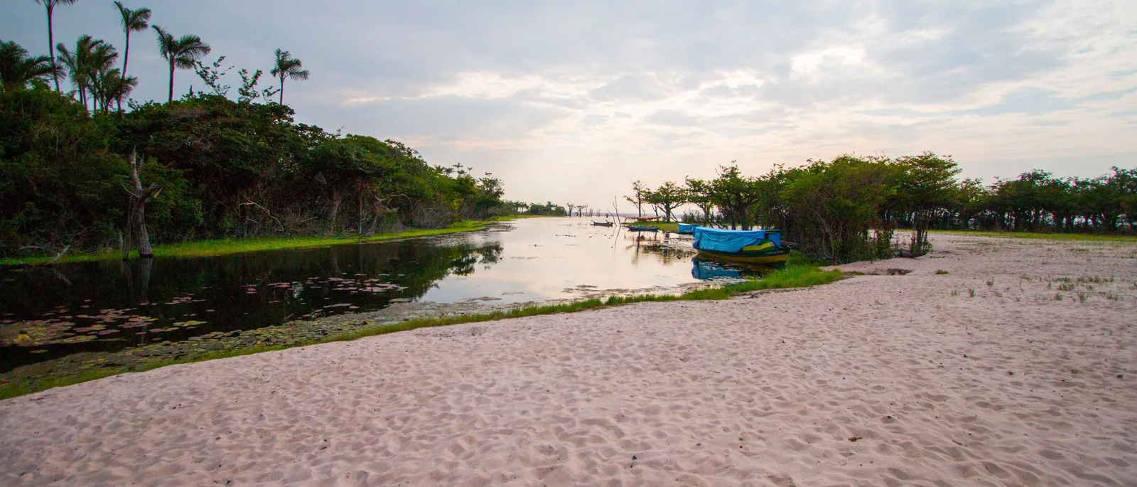 A white sand beach curving along a calm creek mouth, low forest and palms on the far side and small blue boats moored by the trees
