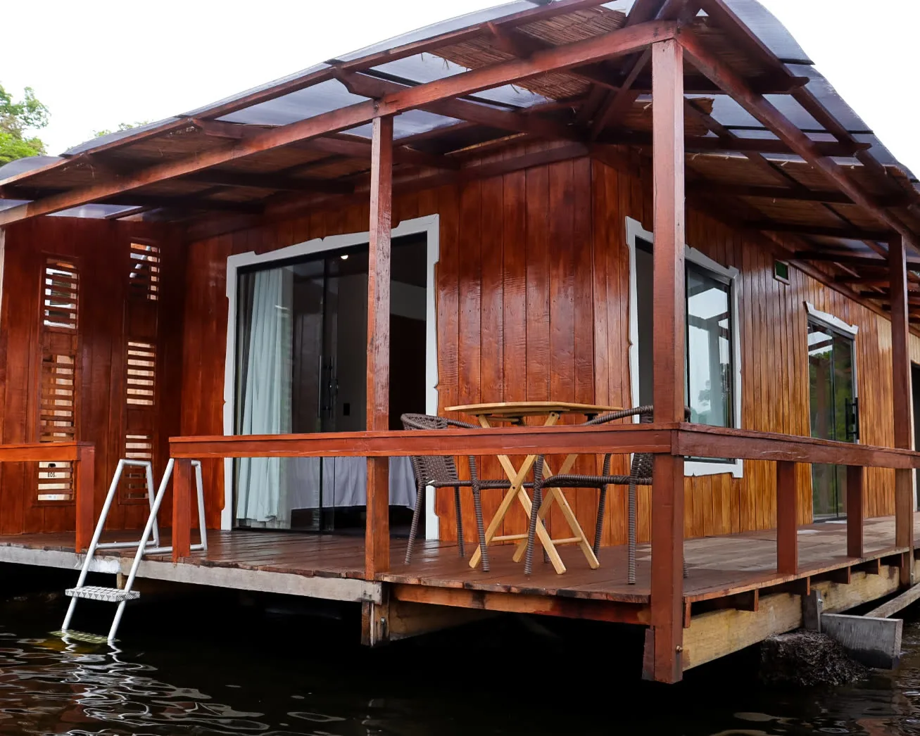 A floating lodge moored on an Amazon river