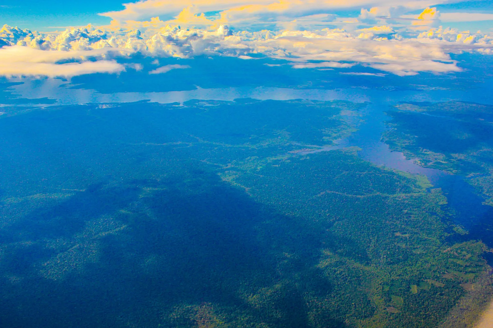 Rainforest photographed from high altitude, dark green under broad cloud shadows and cut through by a blue river and its lakes, with the tops of a cloud deck across the distance
