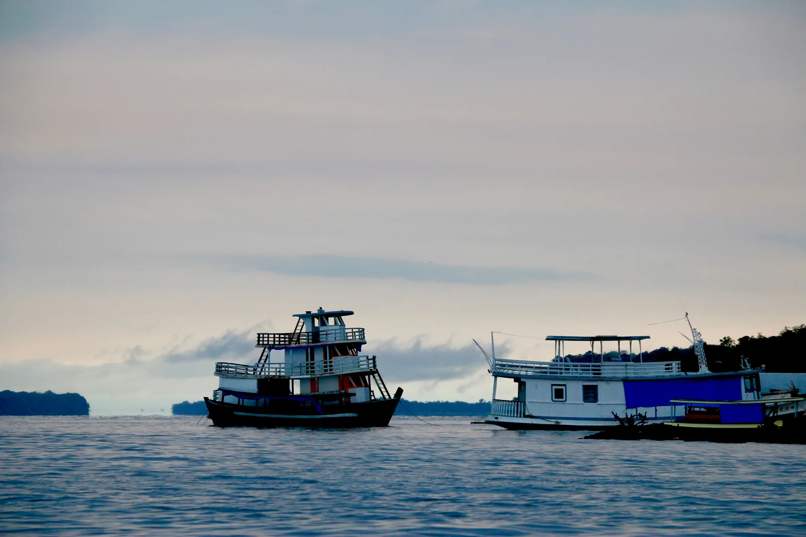 Two double-decked wooden riverboats lying on flat pale water at dusk, a low dark line of forest along the shore behind them