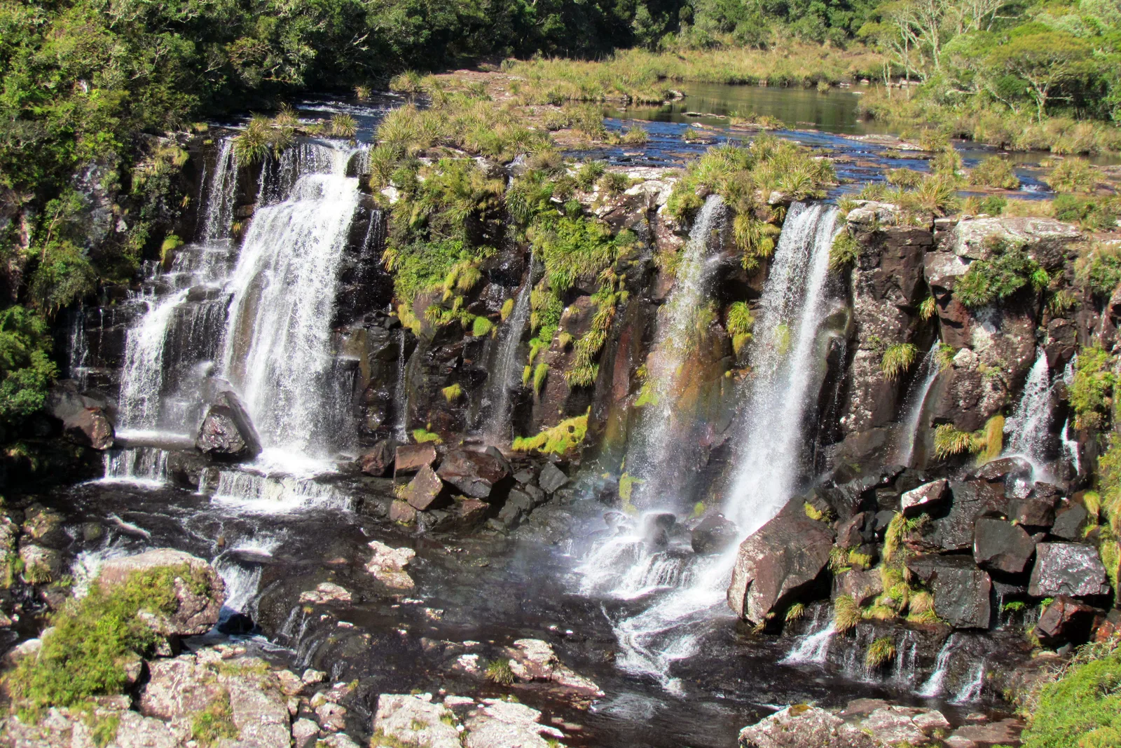 The Tigre Preto stream pouring over a dark rock ledge in several white falls, grassland and low trees around the top