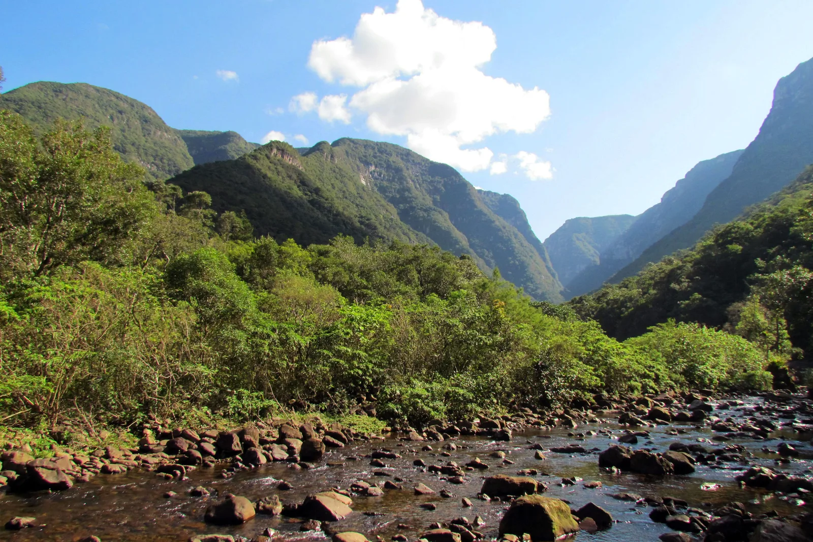 A stony river in the Malacara valley under a blue sky, forested slopes and pointed ridges rising behind