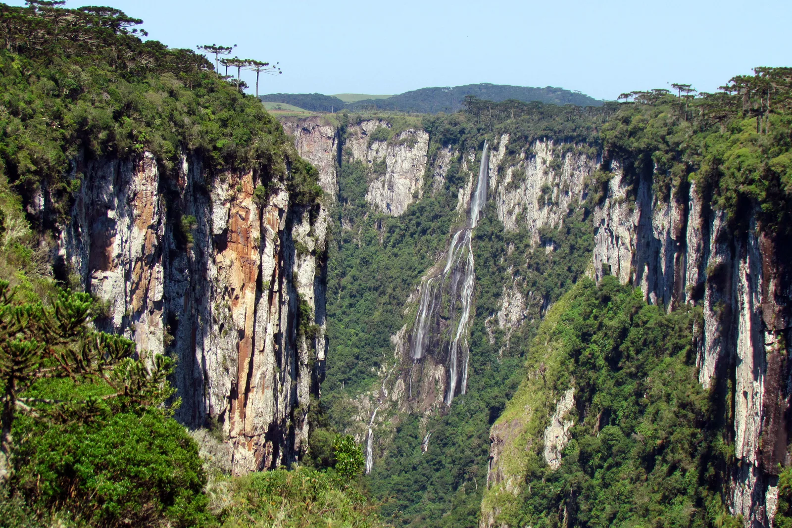 A long thin waterfall falling down the far wall of the Itaimbezinho, sheer rock walls on either side and the plateau on the skyline