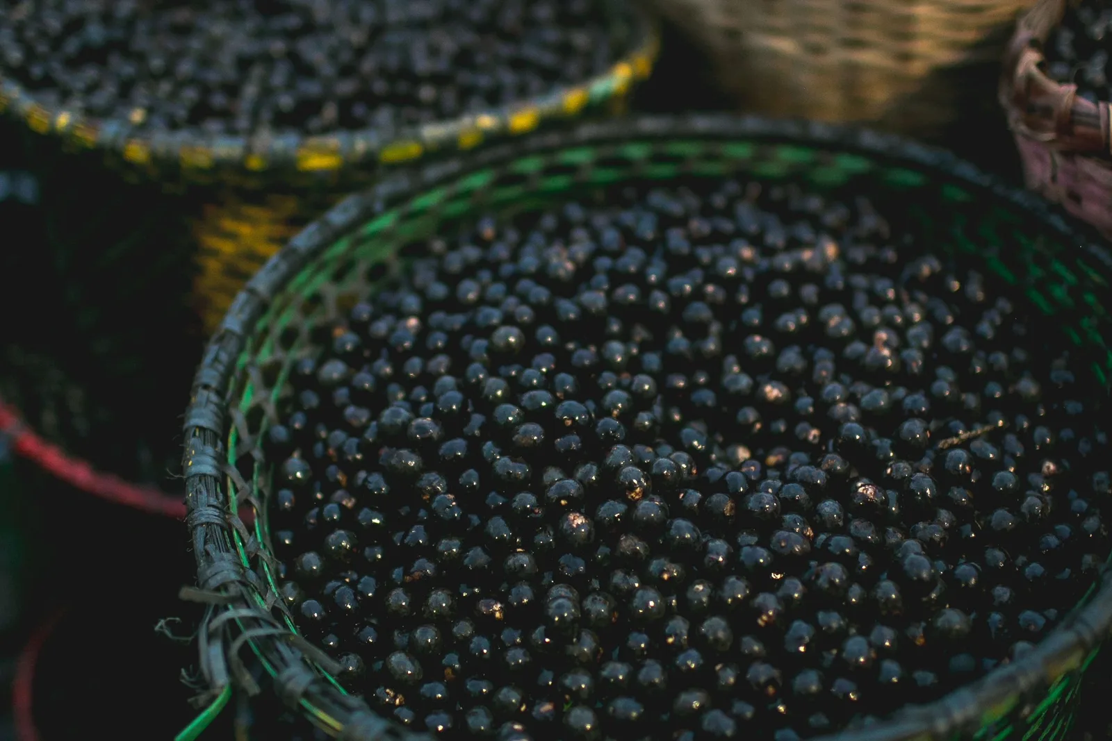 Woven baskets heaped with small dark purple açaí berries at a market, one basket filled to the brim in the foreground