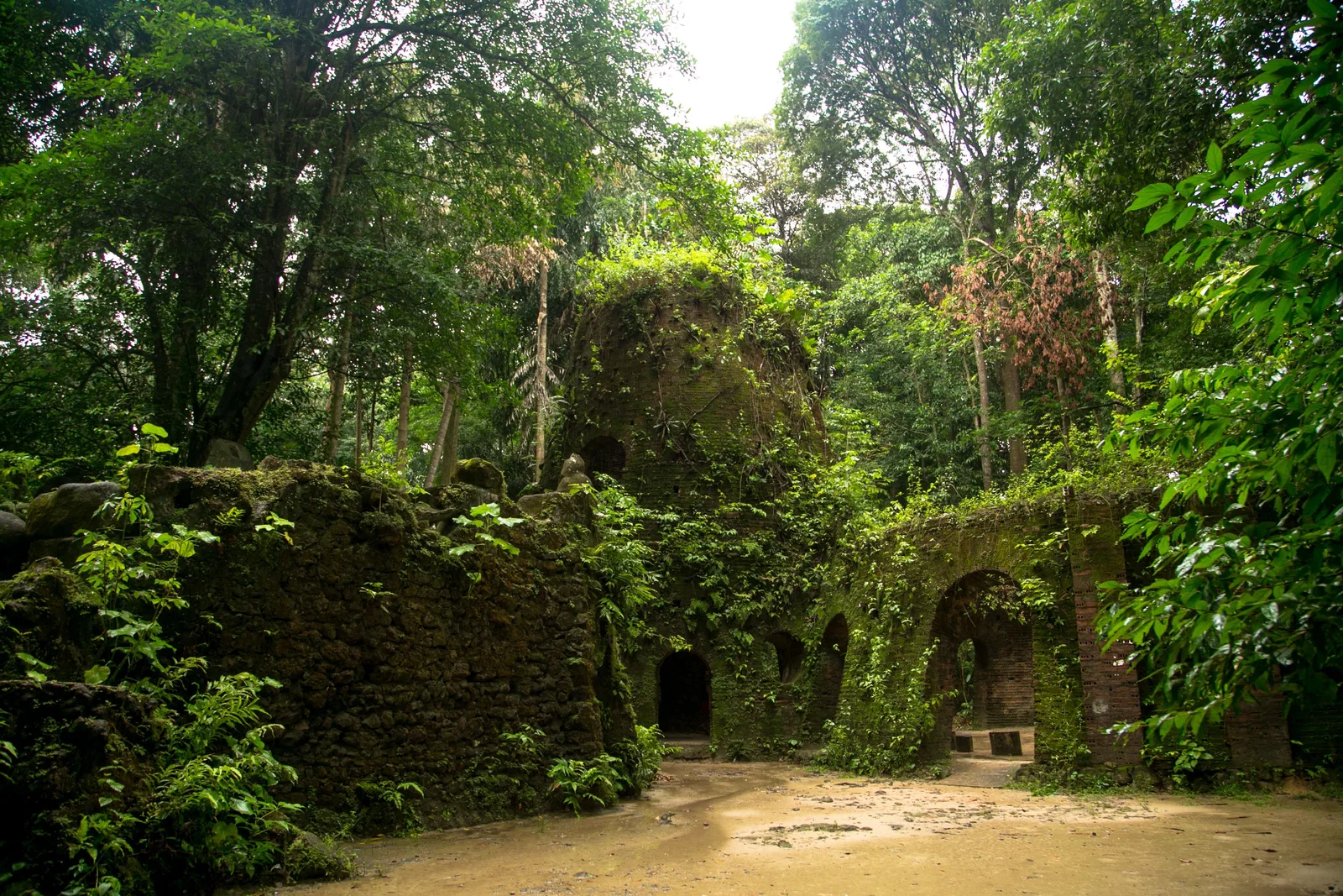 A stone grotto covered in moss and creepers set into a bank of dense green forest inside the Bosque Rodrigues Alves