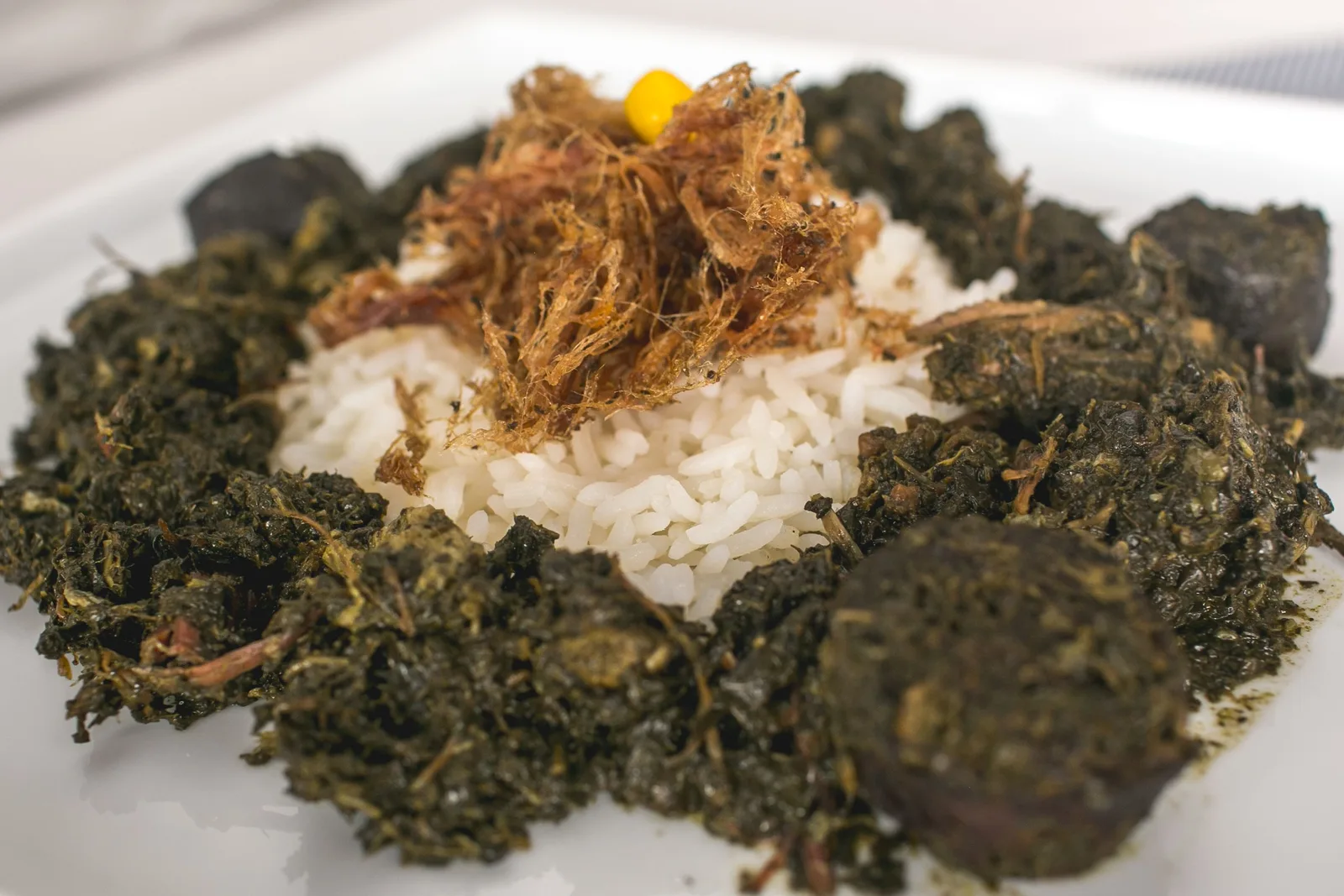 A white plate of maniçoba: very dark stewed manioc leaf heaped around a small mound of white rice, with pale shredded dried beef piled on top