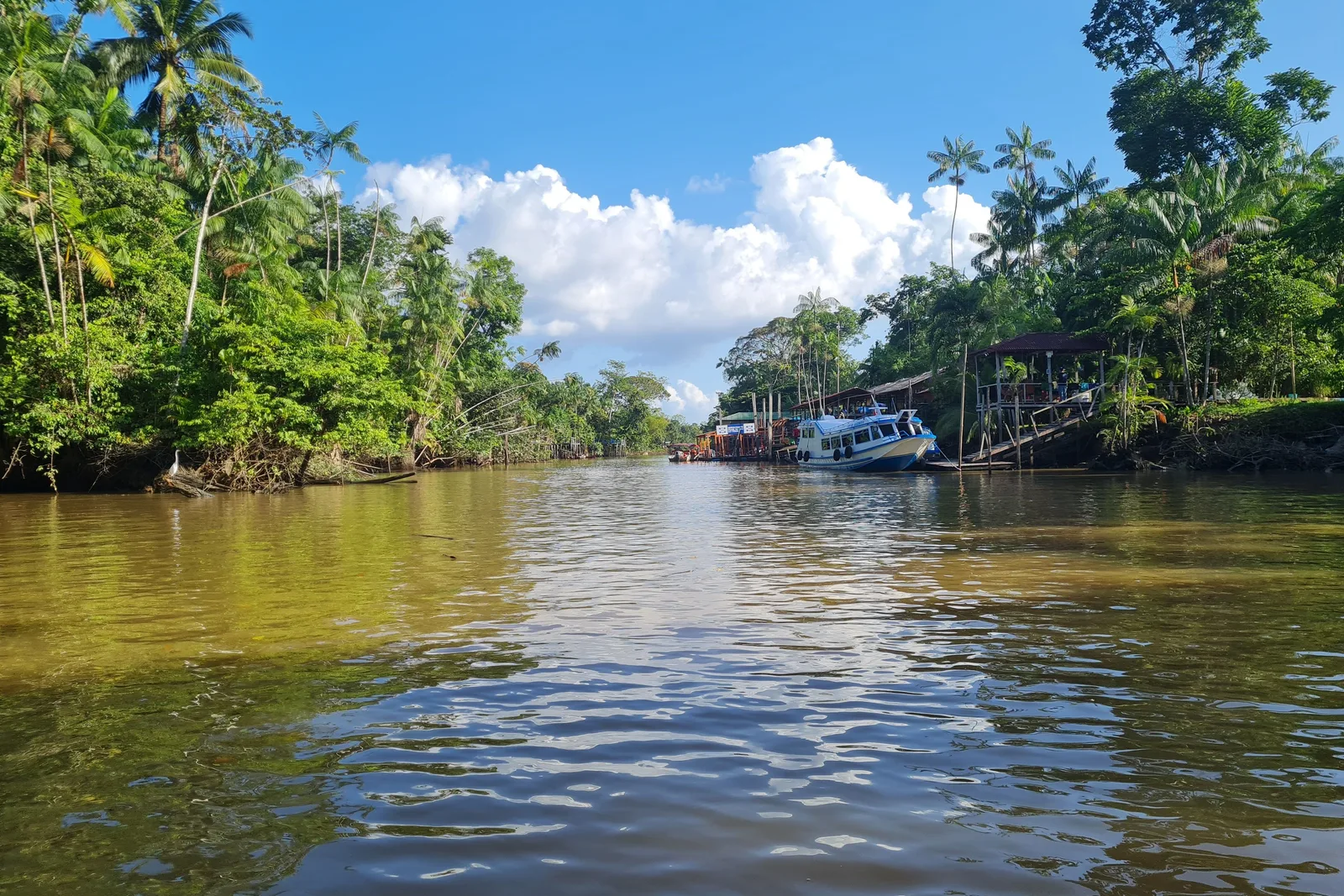 A narrow channel between forested banks on Ilha do Combu, small boats moored along the far side under a bright sky