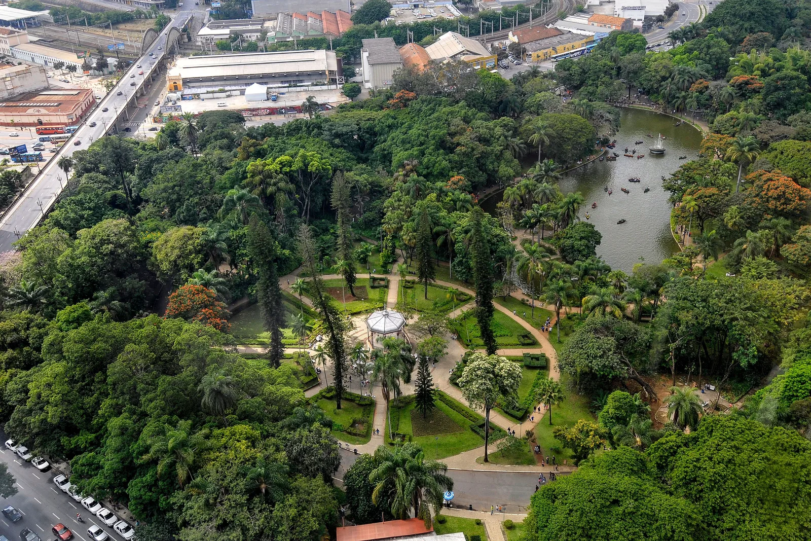 The Parque Municipal from above: a dense canopy of trees around winding paths, a lake and a small bandstand, with downtown streets and buildings at the edges