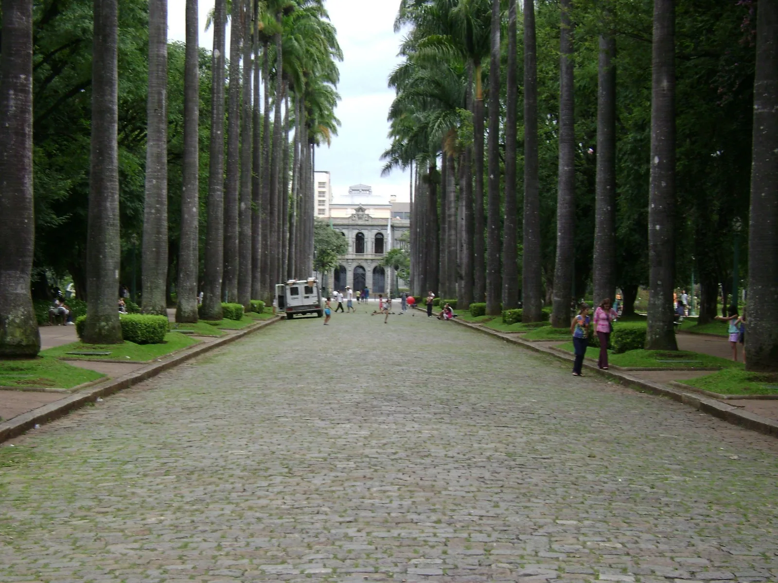 The central avenue of the Praça da Liberdade: a cobbled path running between two lines of tall imperial palms toward the gray facade of the Palácio da Liberdade at the far end