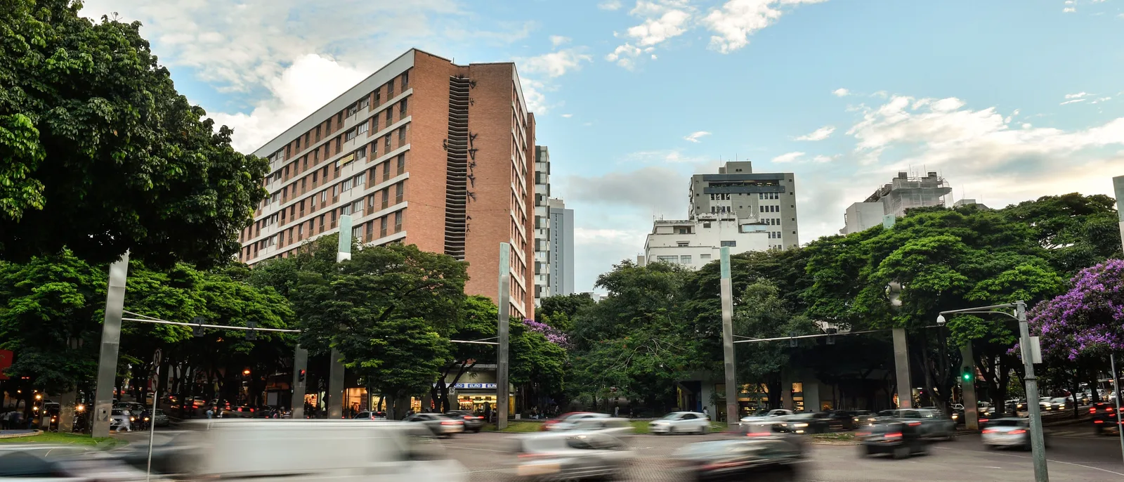 A street in Savassi: an orange brick apartment tower and lower buildings behind a line of trees, traffic blurred along the avenue in the foreground