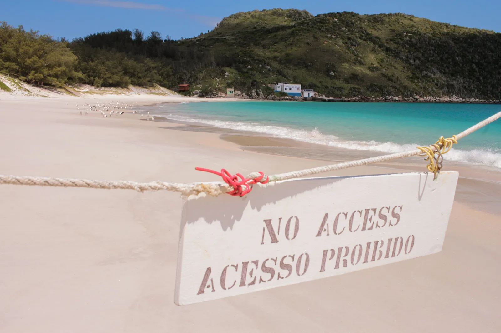 A stenciled wooden sign reading NO ACCESS and ACESSO PROIBIDO hanging from a rope strung across the sand at Praia do Farol, with gulls on the beach, turquoise water and a small white building at the foot of a green hill behind it