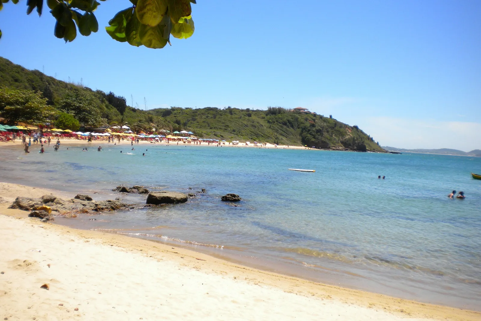 Praia da Tartaruga in Búzios: clear shallow water over pale sand and dark rock in the foreground, a line of parasols and swimmers along the beach beyond, and a low green headland behind