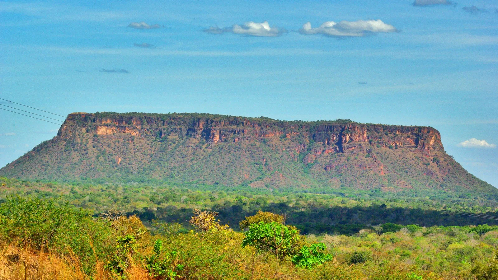 A long flat-topped mesa with red cliff faces stretching across the horizon above dry cerrado, under a pale blue sky