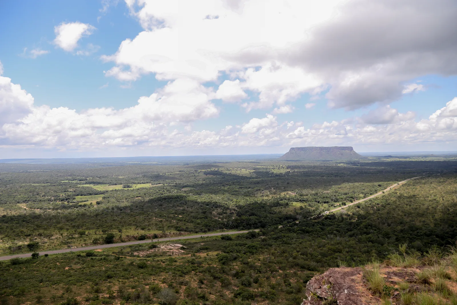 A broad green plain seen from high ground, with a straight road crossing it and a single long mesa on the horizon