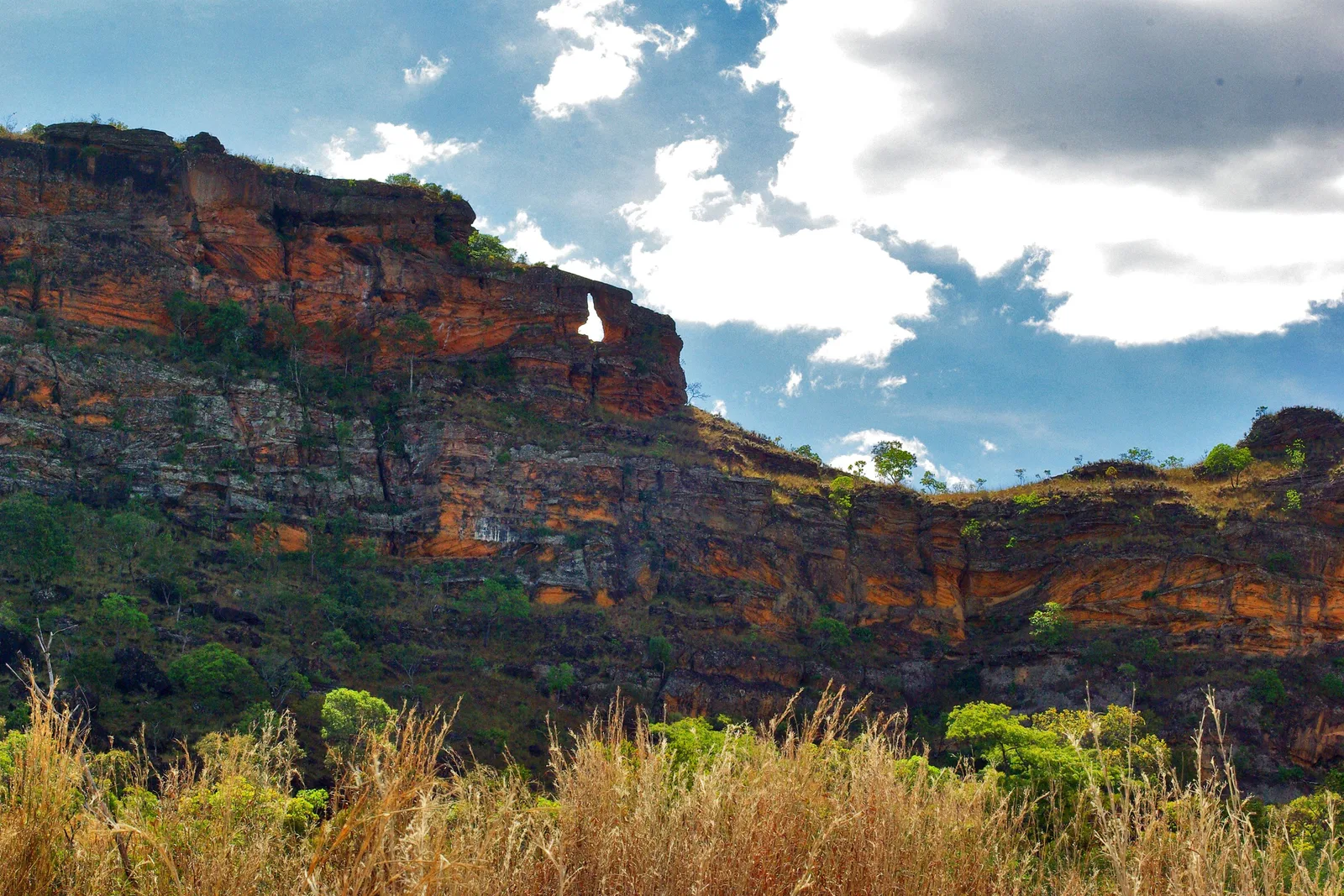A long wall of layered red sandstone cliffs above dry grass under a blue sky with heavy clouds