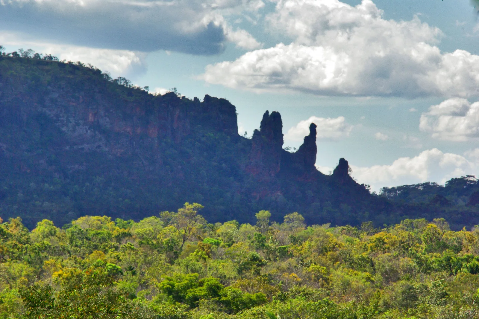 A dark ridge ending in a row of thin rock spires against a cloudy sky, green scrub in the foreground