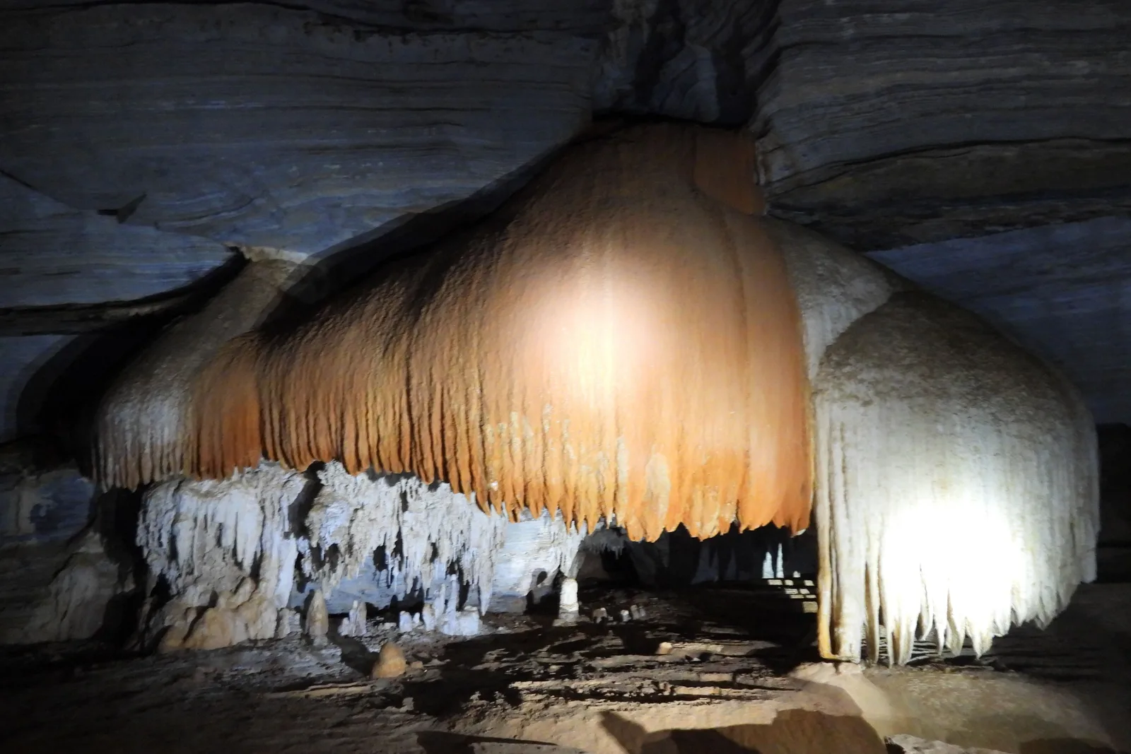 A great orange flowstone curtain hanging down a cave wall above a fringe of white stalactites, lit from below