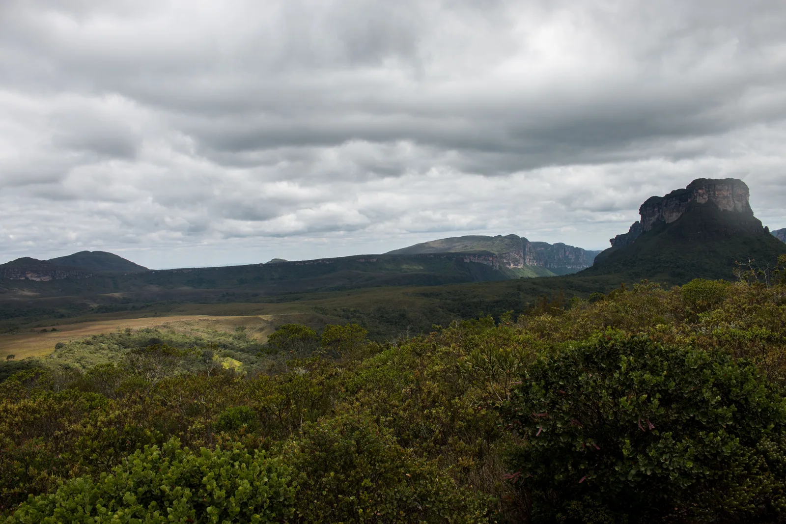 Low cerrado scrub in the foreground and a blunt rock peak on the skyline under heavy cloud
