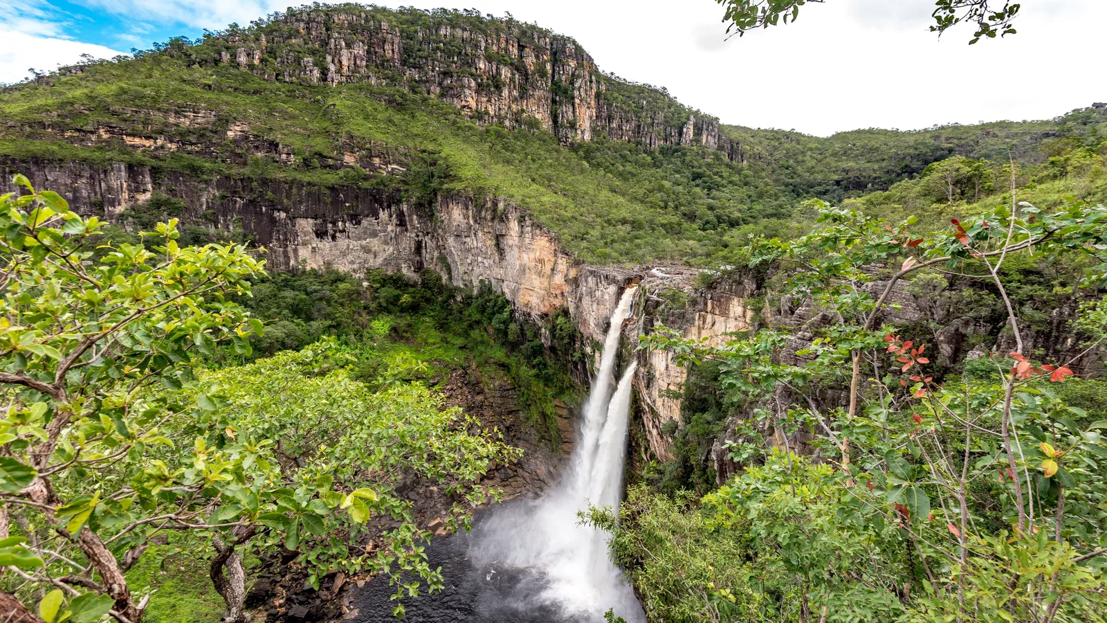 A tall waterfall falling in two white streams into a dark pool at the foot of a sheer canyon wall, with green cerrado and a long rock ridge above