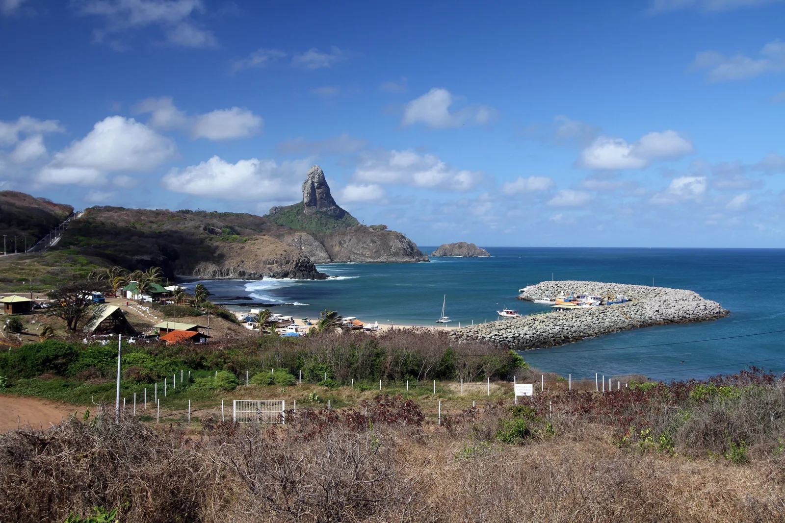 Porto de Santo Antônio from the hillside above: a long stone breakwater curving into flat blue water, low port buildings and the spike of Morro do Pico behind