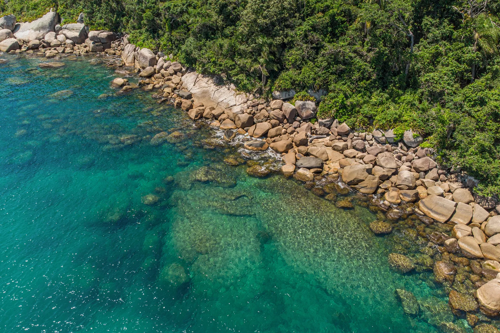 Clear turquoise water over the rocky reef and boulders at the Arvoredo marine reserve, forest running down to the shore