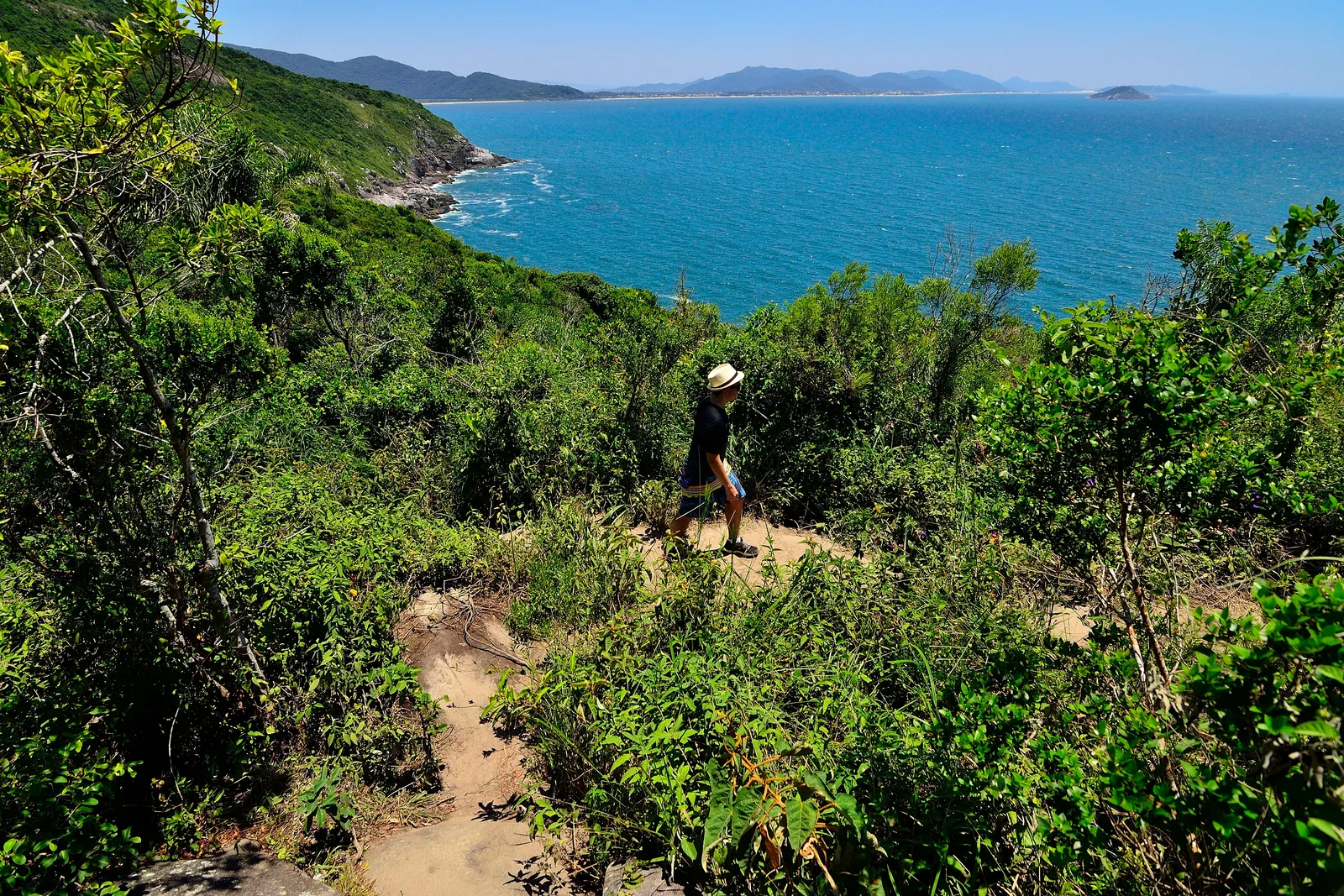 A hiker on the coastal ridge trail to Lagoinha do Leste, dense Atlantic forest all around and blue ocean below