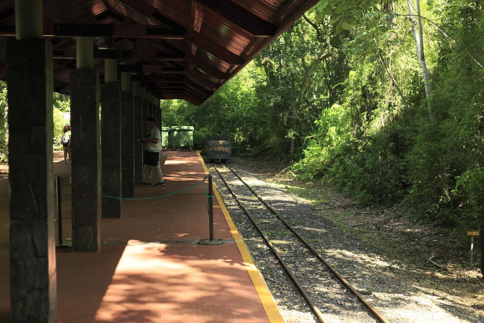 The Ecological Jungle Train’s Garganta del Diablo station in the Argentine park: a long timber platform under a low roof, with the track running away into the forest