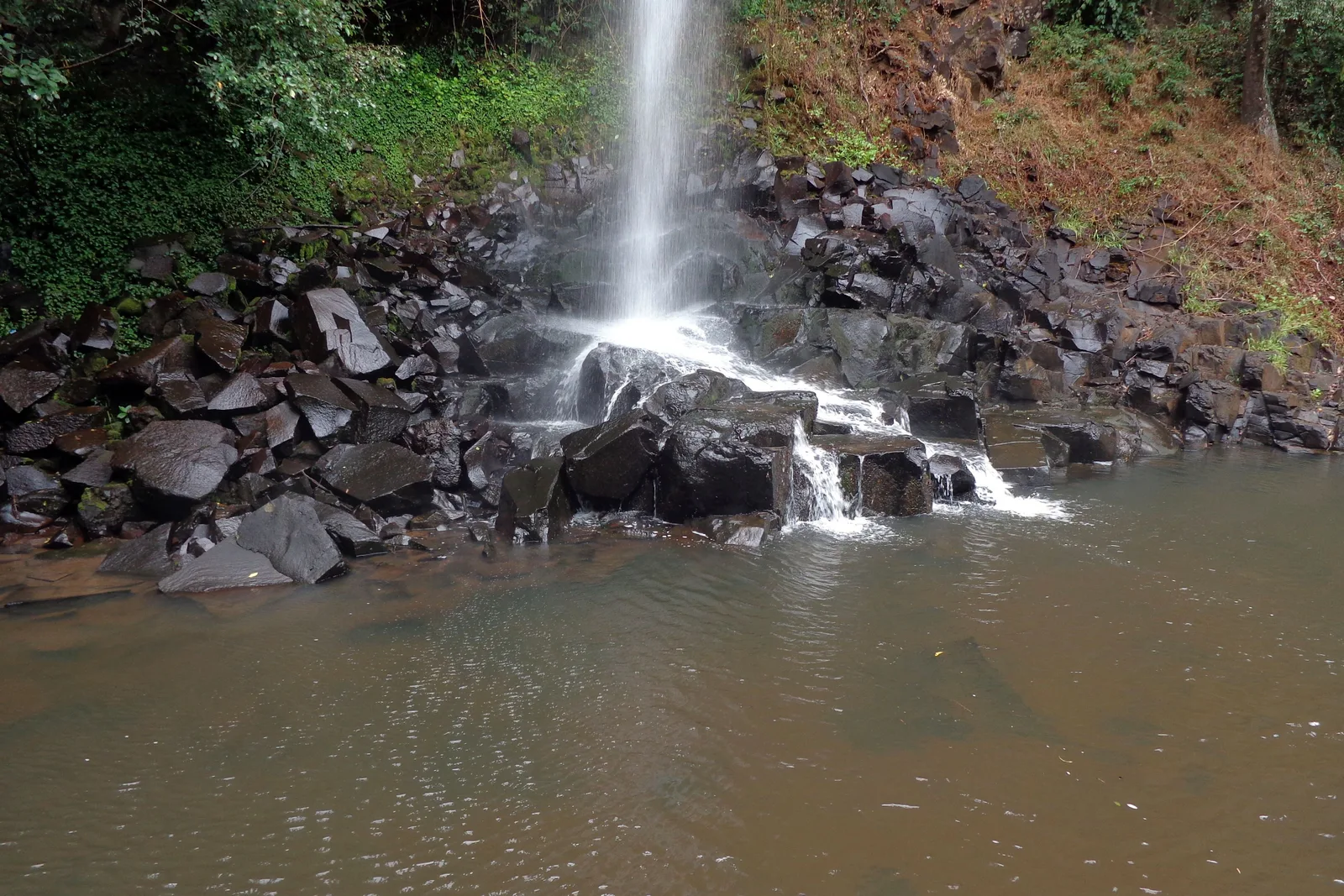 A slim waterfall dropping over dark rock into a still pool at the end of a forest trail, with no one in the frame