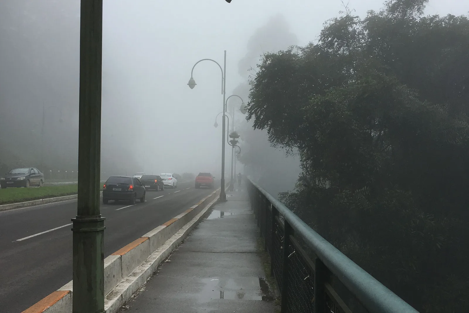 A street lamp, a guardrail and a line of cars disappearing into thick fog on a road in central Gramado