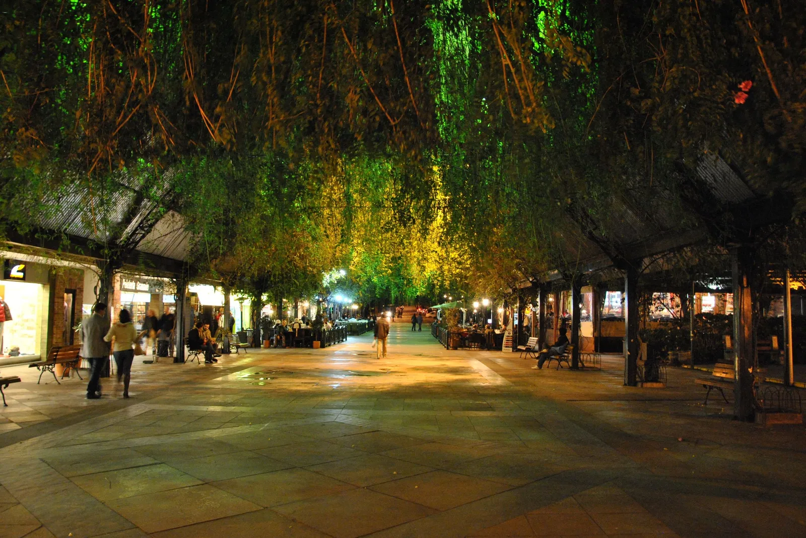 A pedestrian street in Gramado at night under a canopy of hanging vines lit green and gold, with covered walkways and lit shopfronts along both sides