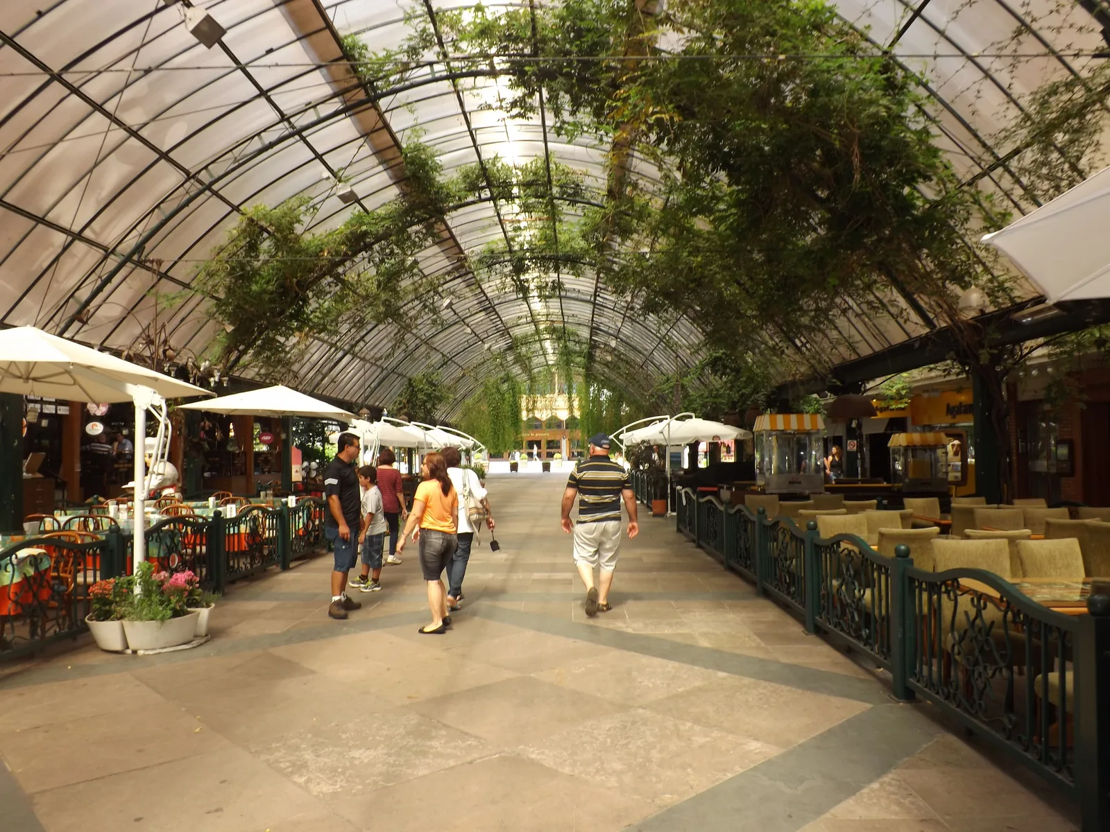 The Rua Coberta in daylight: an arched glass roof hung with greenery over a paved street, café tables and white parasols down both sides, people walking down the middle