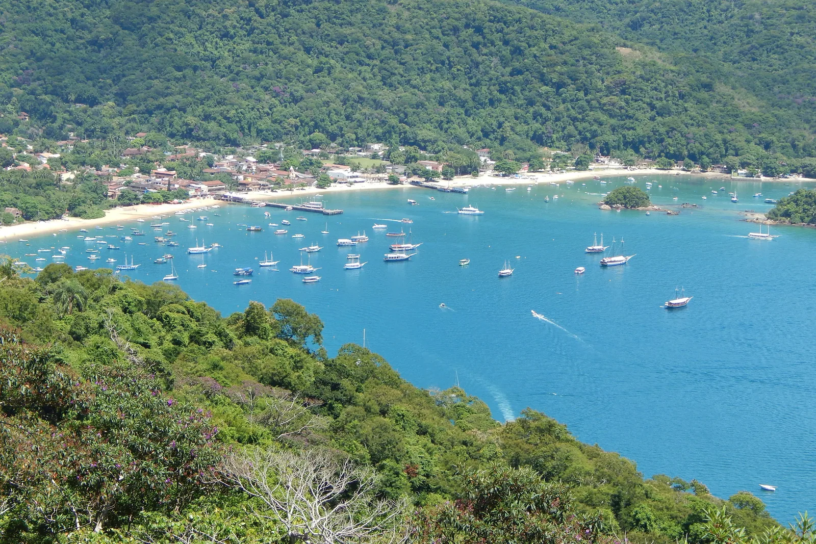 A wide sheltered bay on Ilha Grande from above, boats moored close in and a village along the shore