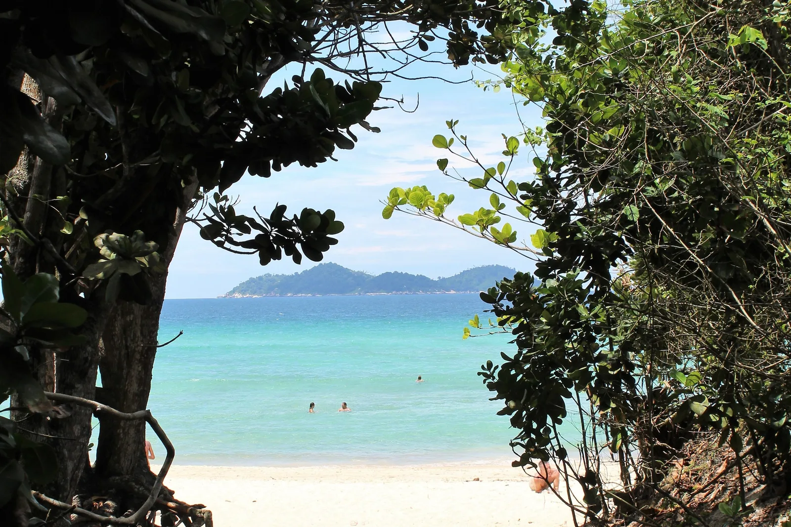 Lopes Mendes framed through the trees at the end of the trail, pale sand and turquoise shallows beyond