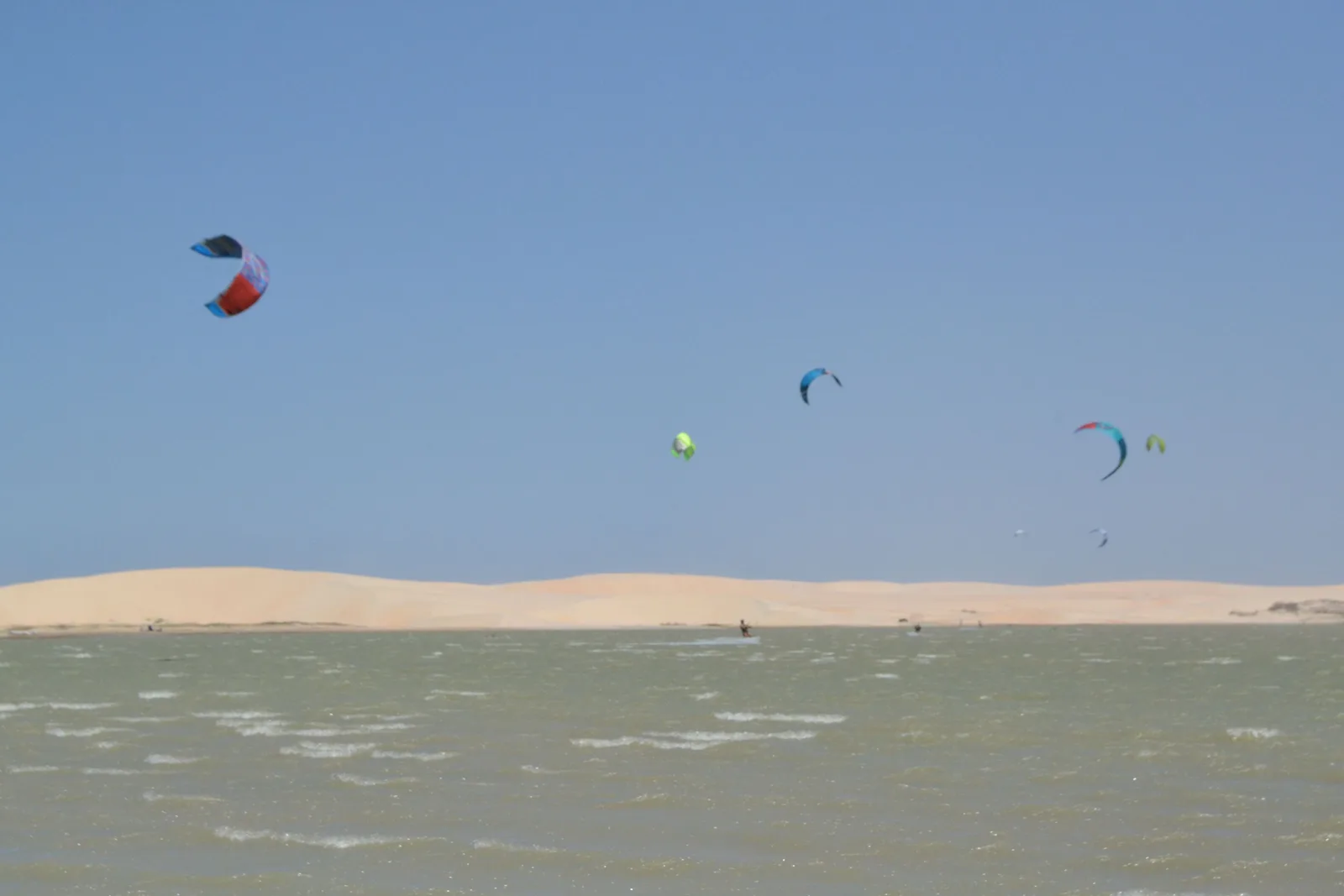 Several kites flying above a wide flat expanse of pale sand and shallow water, a low dune ridge running along behind them under a clear sky