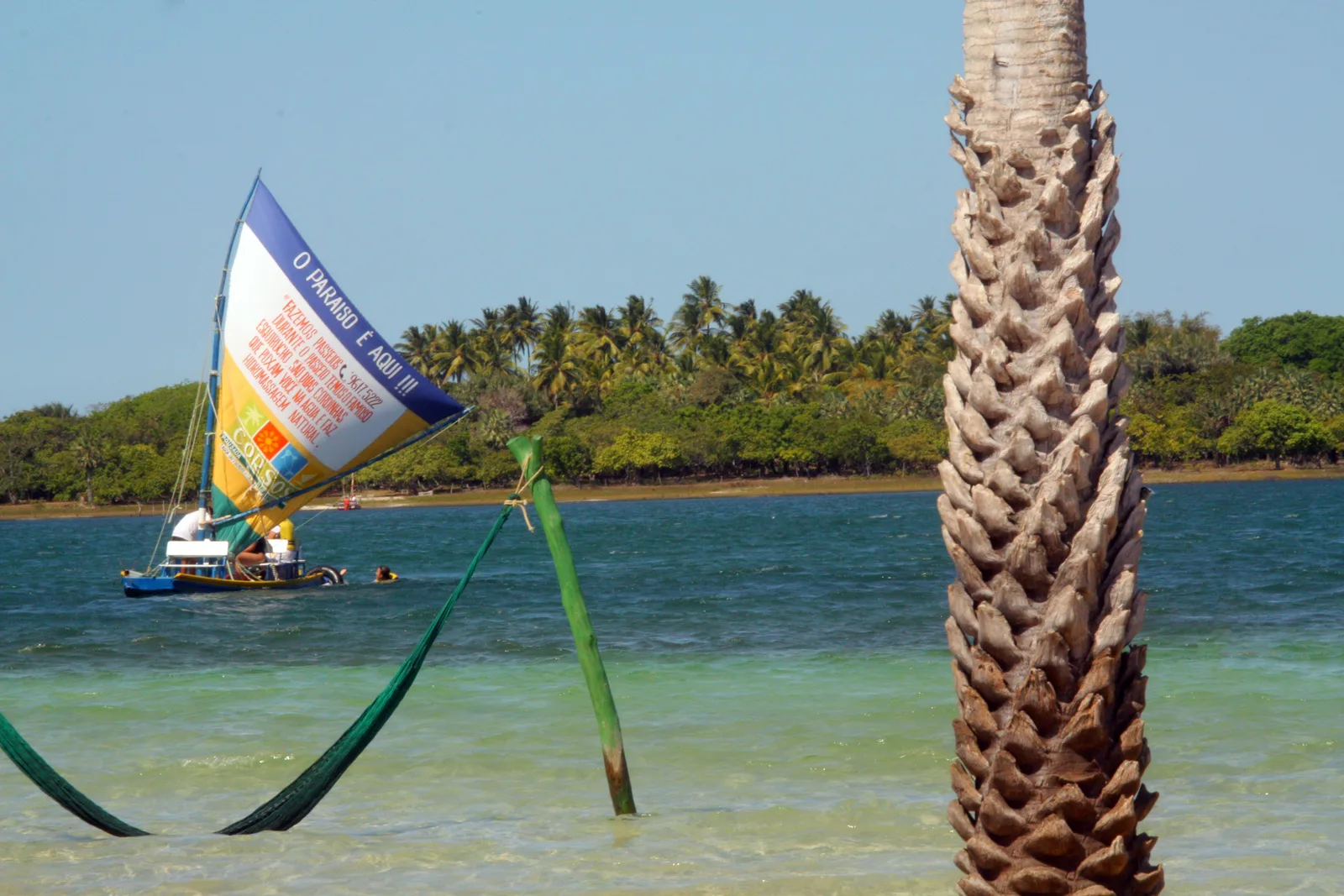 A hammock slung between two posts in the shallow green water of Lagoa do Paraíso, a coconut palm trunk in the foreground and a small sailing boat out on the lagoon behind