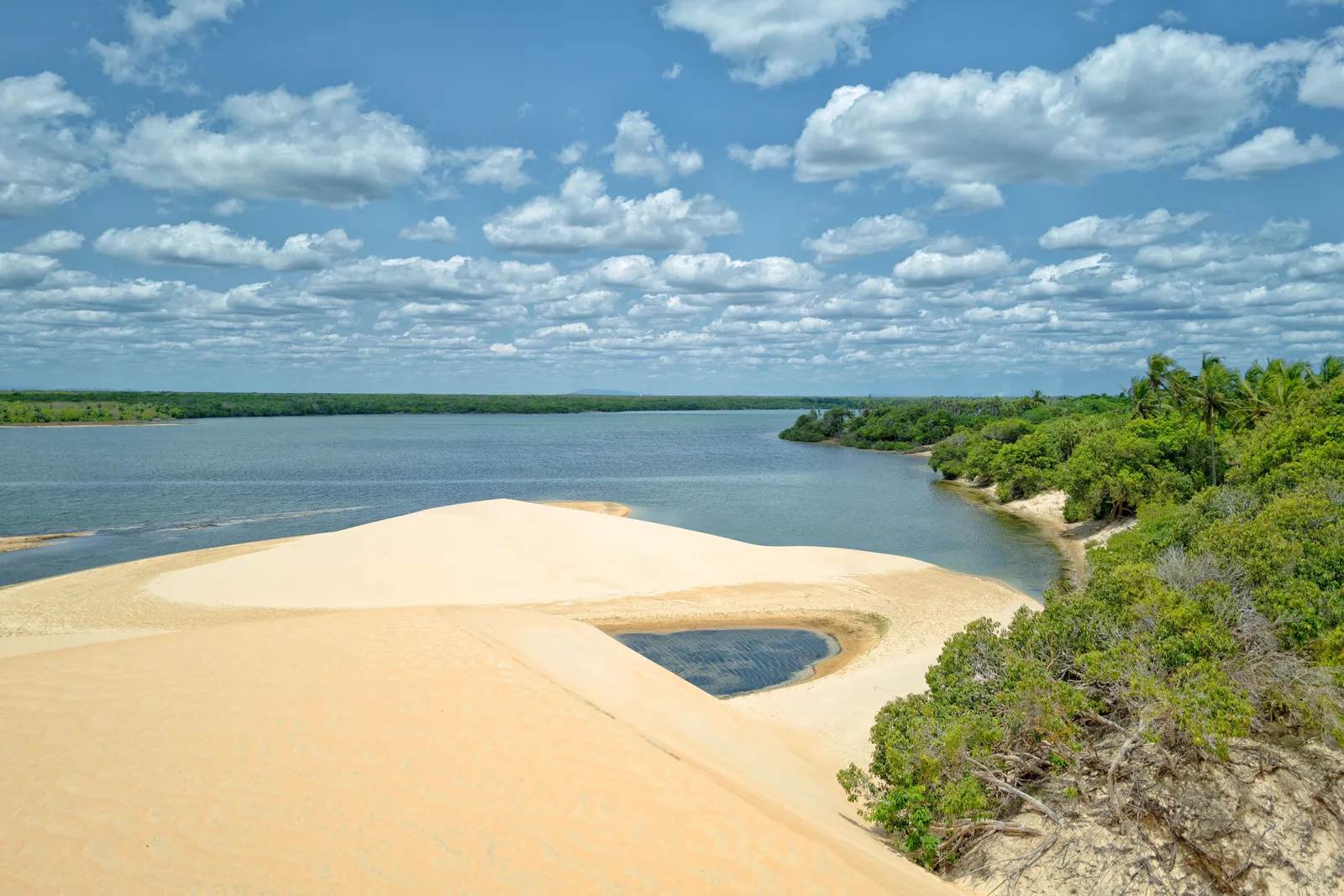 A curving white sandbank running out into the shallow green water of the Tatajuba lagoon, mangrove along the far bank