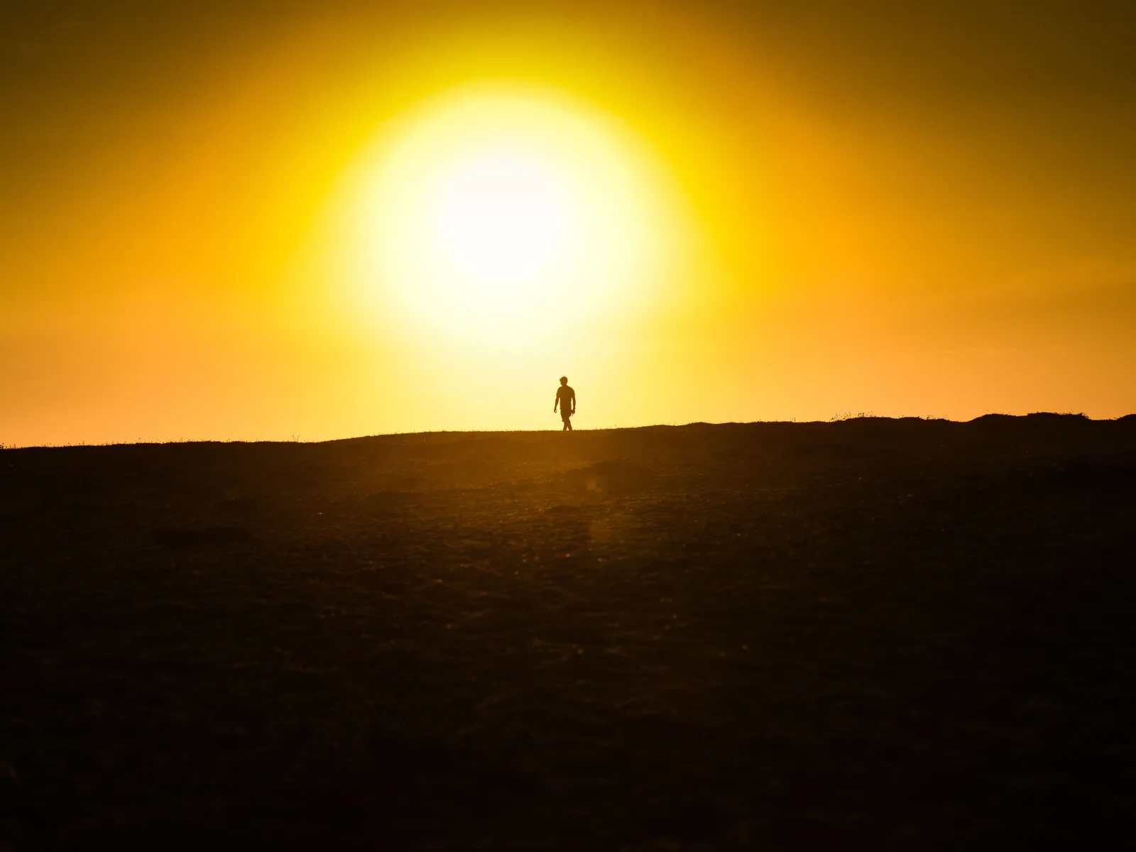 A single figure walking along the dark crest of a dune in silhouette, with a large low sun burning through haze above the horizon behind them