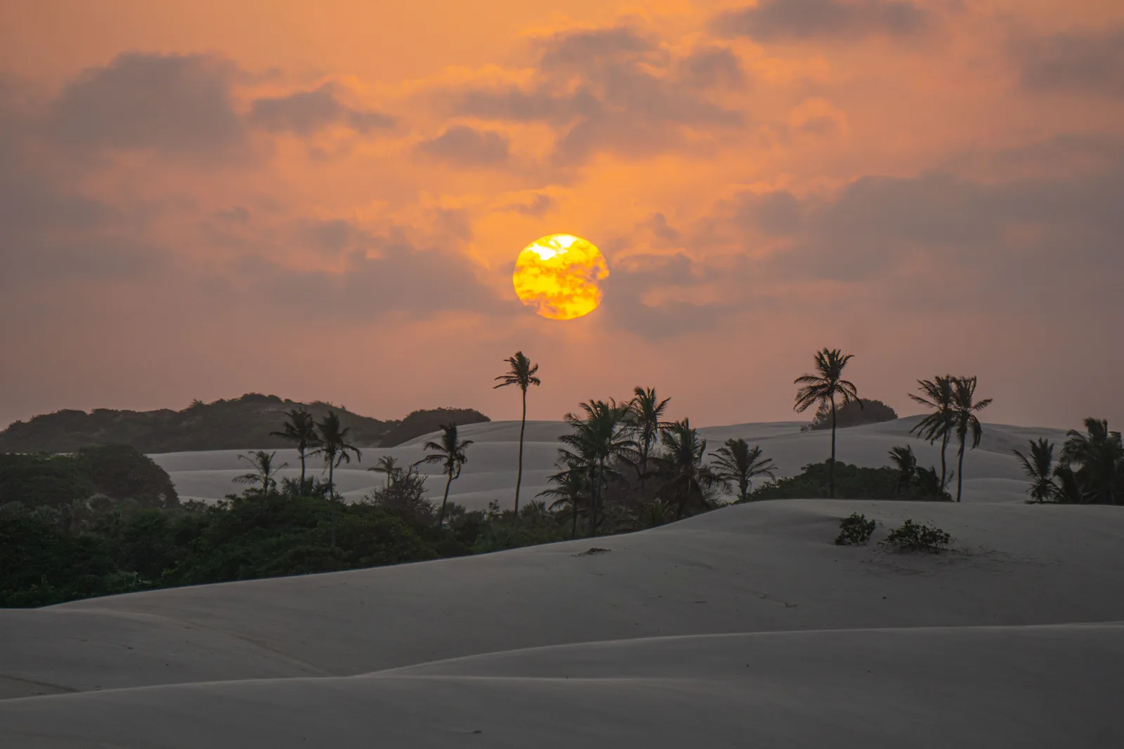 Sunset near the mouth of the Preguiças: an orange sun dropping behind a line of palms and low scrub, with pale open sand running across the front of the frame