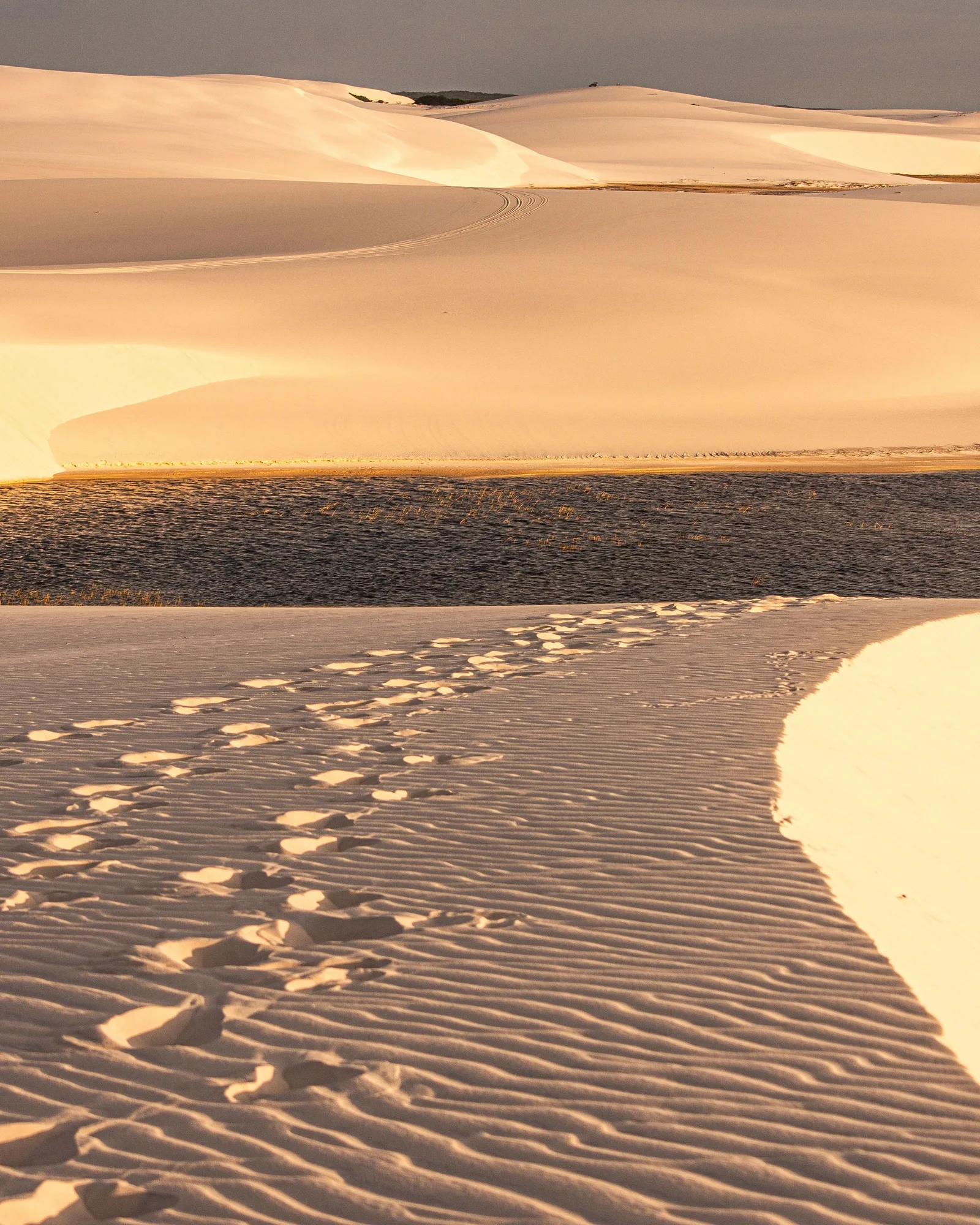 Late sun across the Lençóis Maranhenses: ridges of pale gold sand with footprints running down the near slope and a long dark lagoon lying in the trough beyond