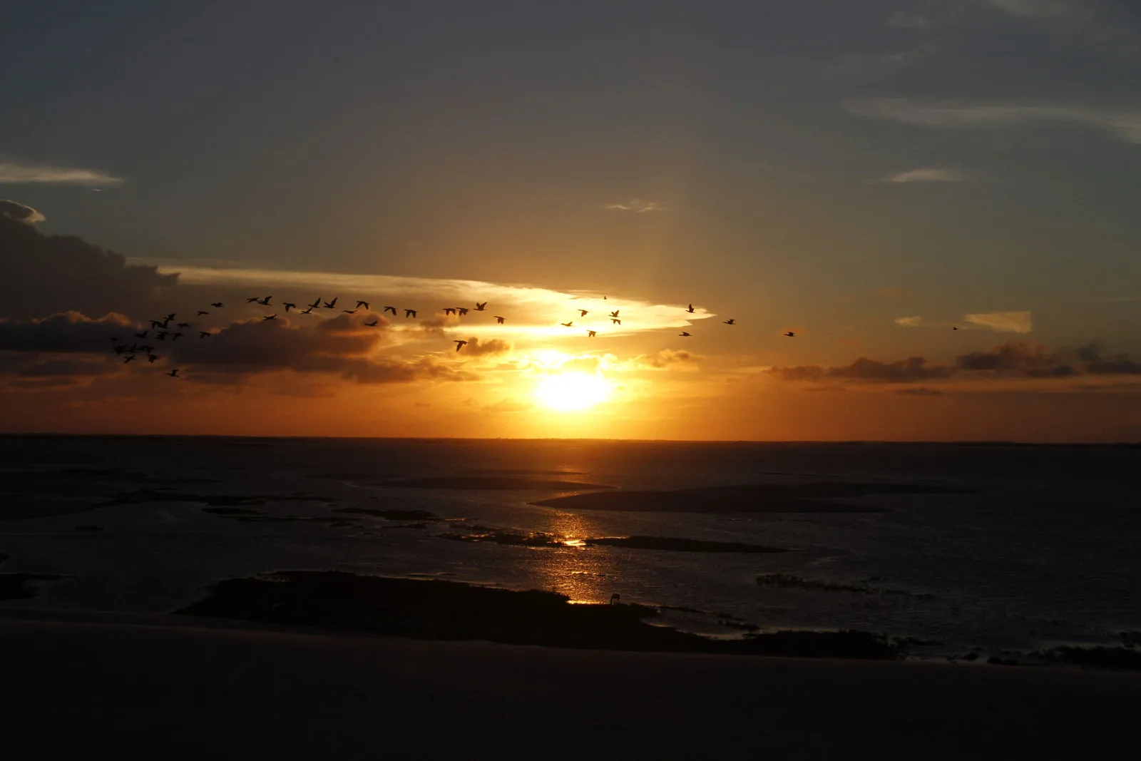 Sunset over the water near Santo Amaro do Maranhão, a flock of birds crossing a sky banded orange and gray