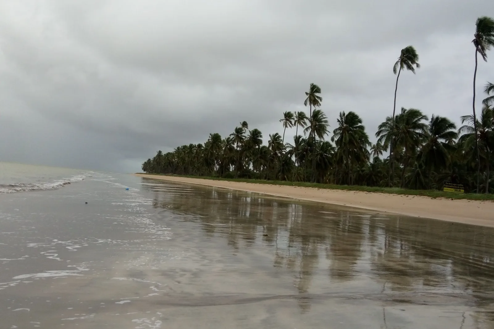 The beach at Japaratinga on a cloudy day: a broad flat expanse of wet pale sand and shallow water reflecting a heavy gray sky