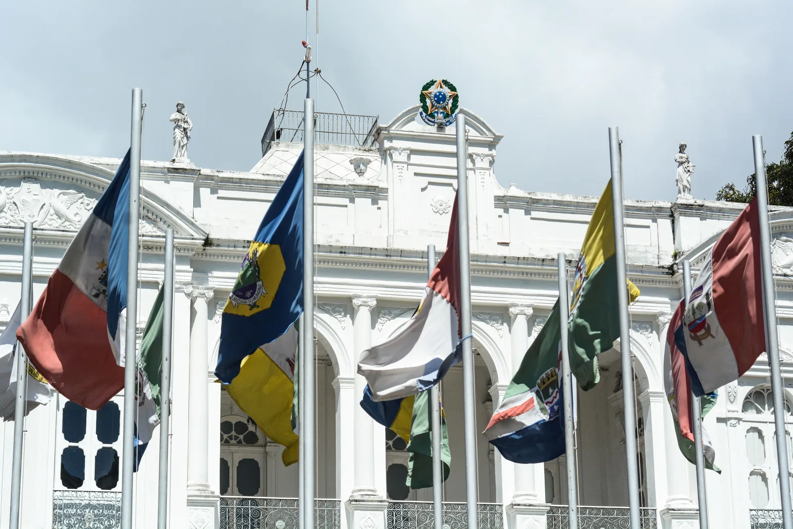 The white colonnaded front of the Palácio Floriano Peixoto in Maceió behind a row of flagpoles, state and national flags hanging from them under a gray sky