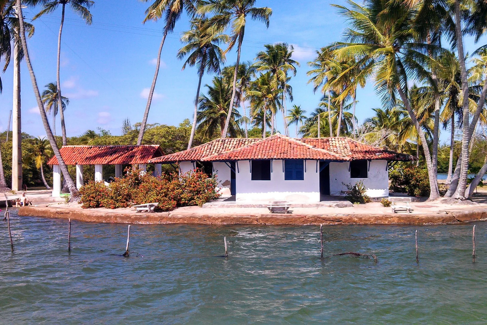 A small island on the Mundaú lagoon with a red-roofed white house among coconut palms, a line of fishing stakes standing in the shallow water in front of it