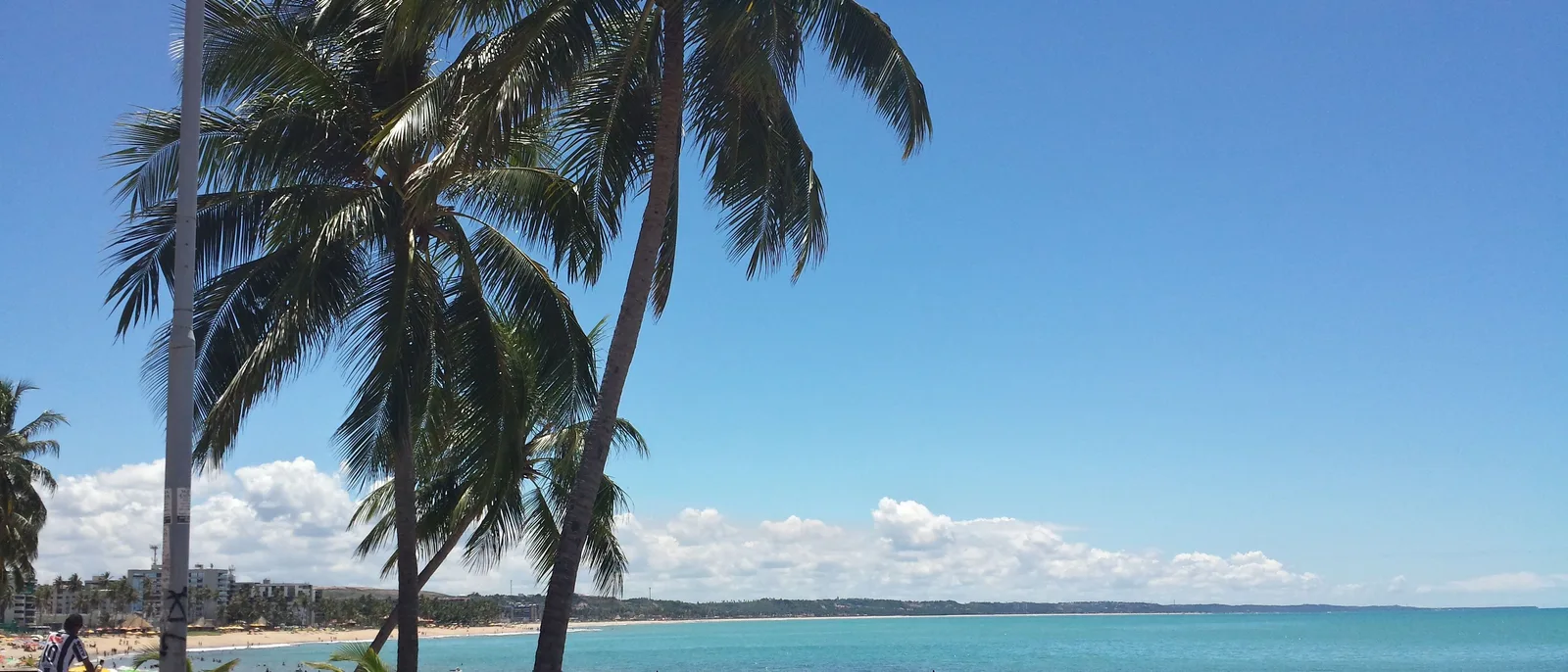 Ponta Verde beach under coconut palms: wide pale sand, a few people at the waterline and flat turquoise water running out to a reef line