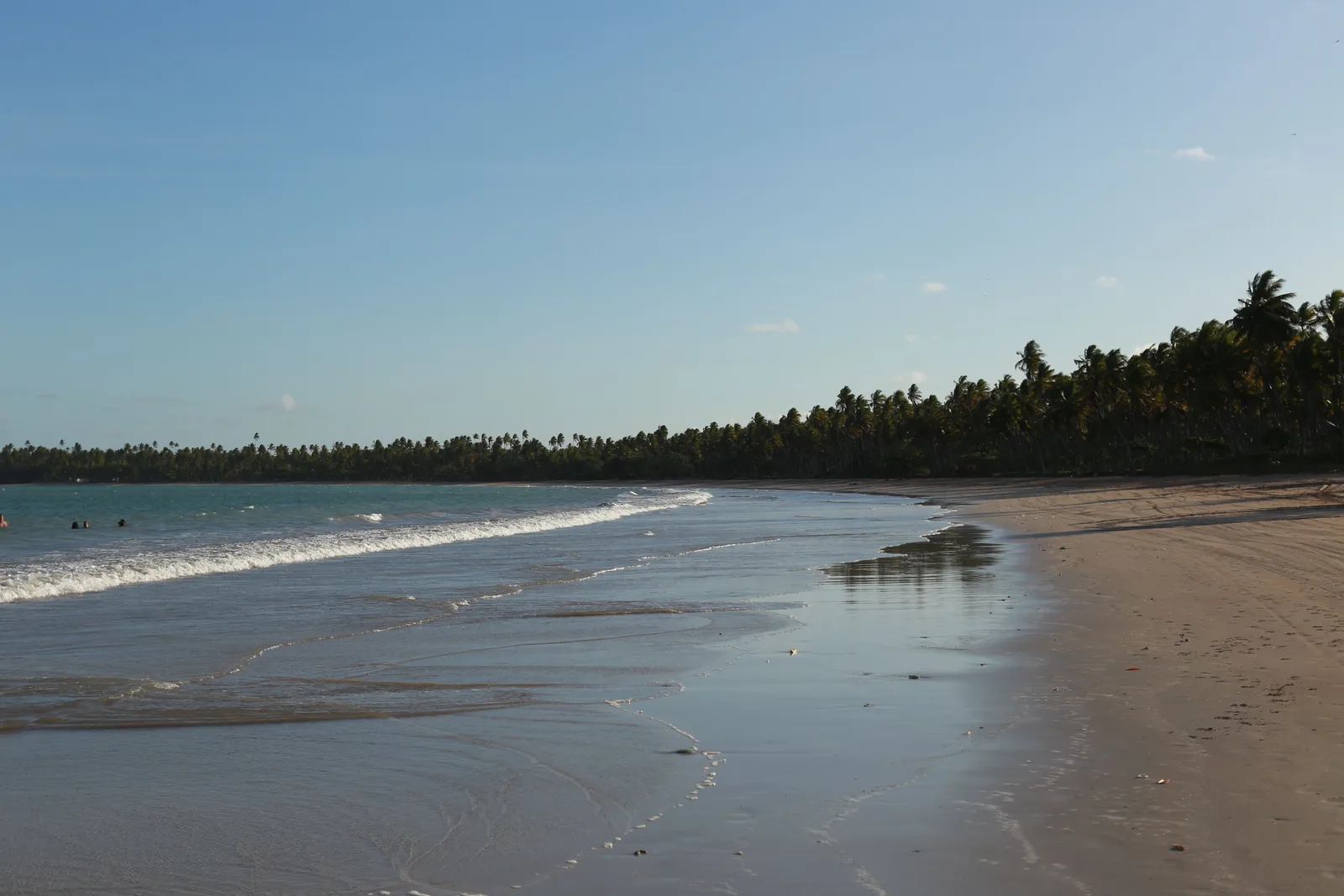 A long empty beach at Garapuá backed by an unbroken line of coconut palms, with a shallow lagoon between the palms and the sea