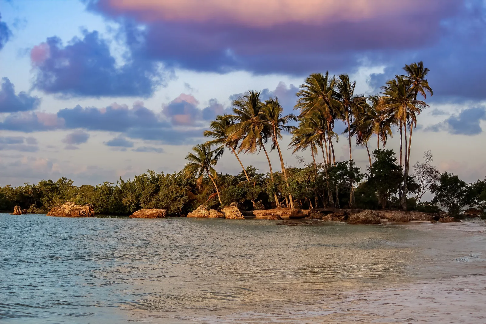 The small palm-covered Ilha da Saudade off the end of Segunda Praia, seen across flat shallow water