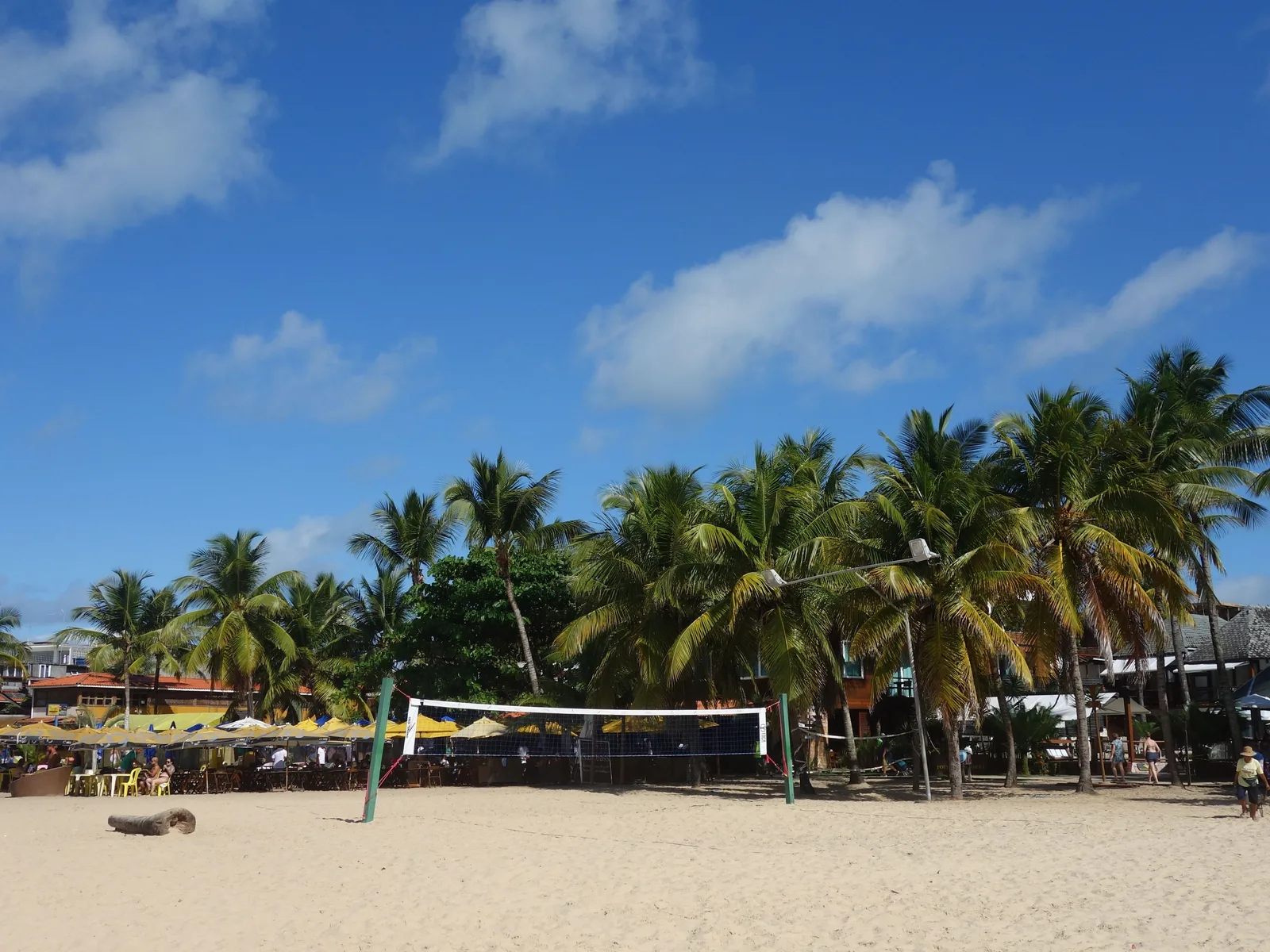 Segunda Praia at Morro de São Paulo from the sand: a volleyball net strung across the beach, a line of coconut palms behind it, and rows of yellow umbrellas and tables under the beach bars at the back of the sand
