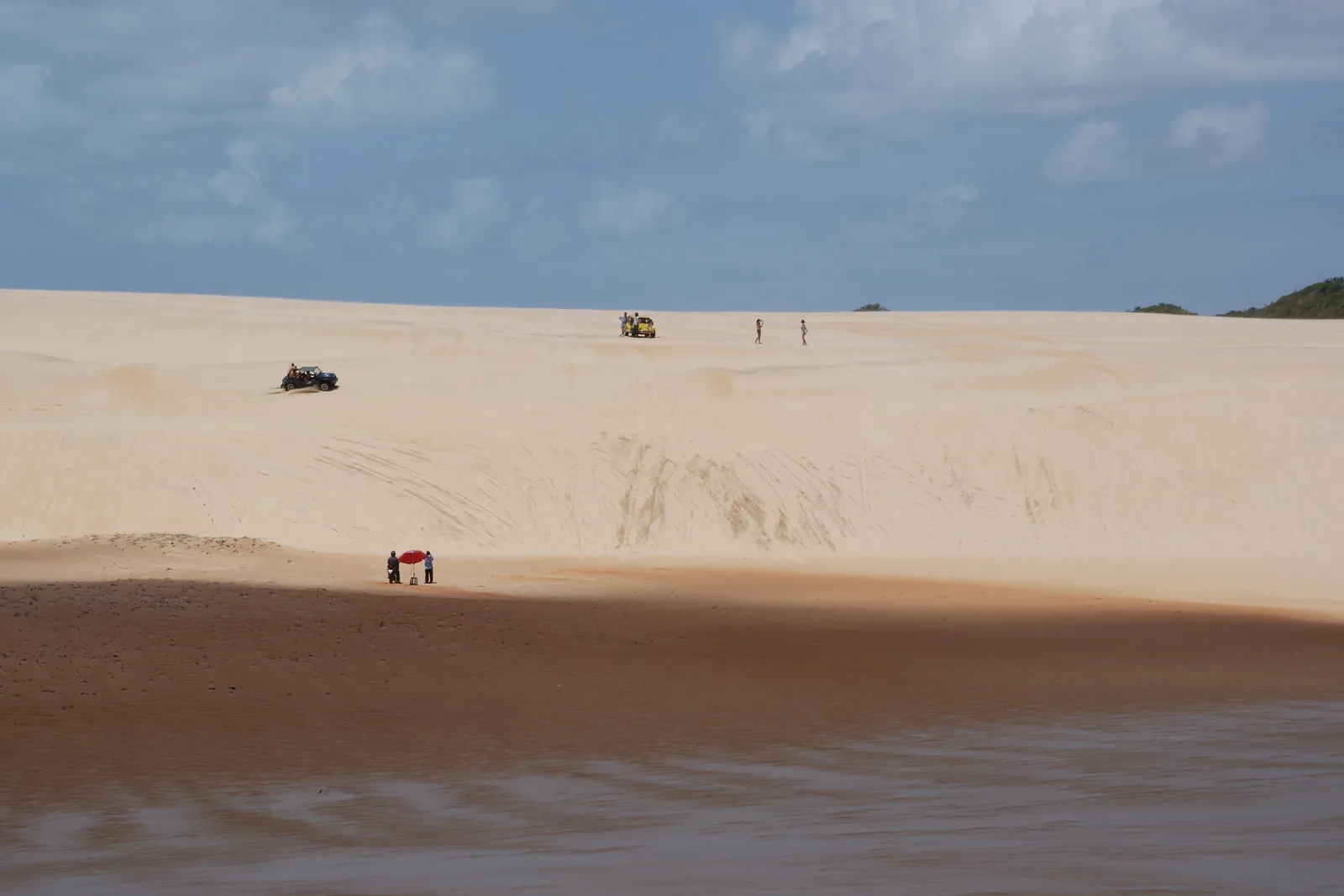 A wide sweep of pale dune with buggies and walkers reduced to specks on it, giving the scale of the sand field